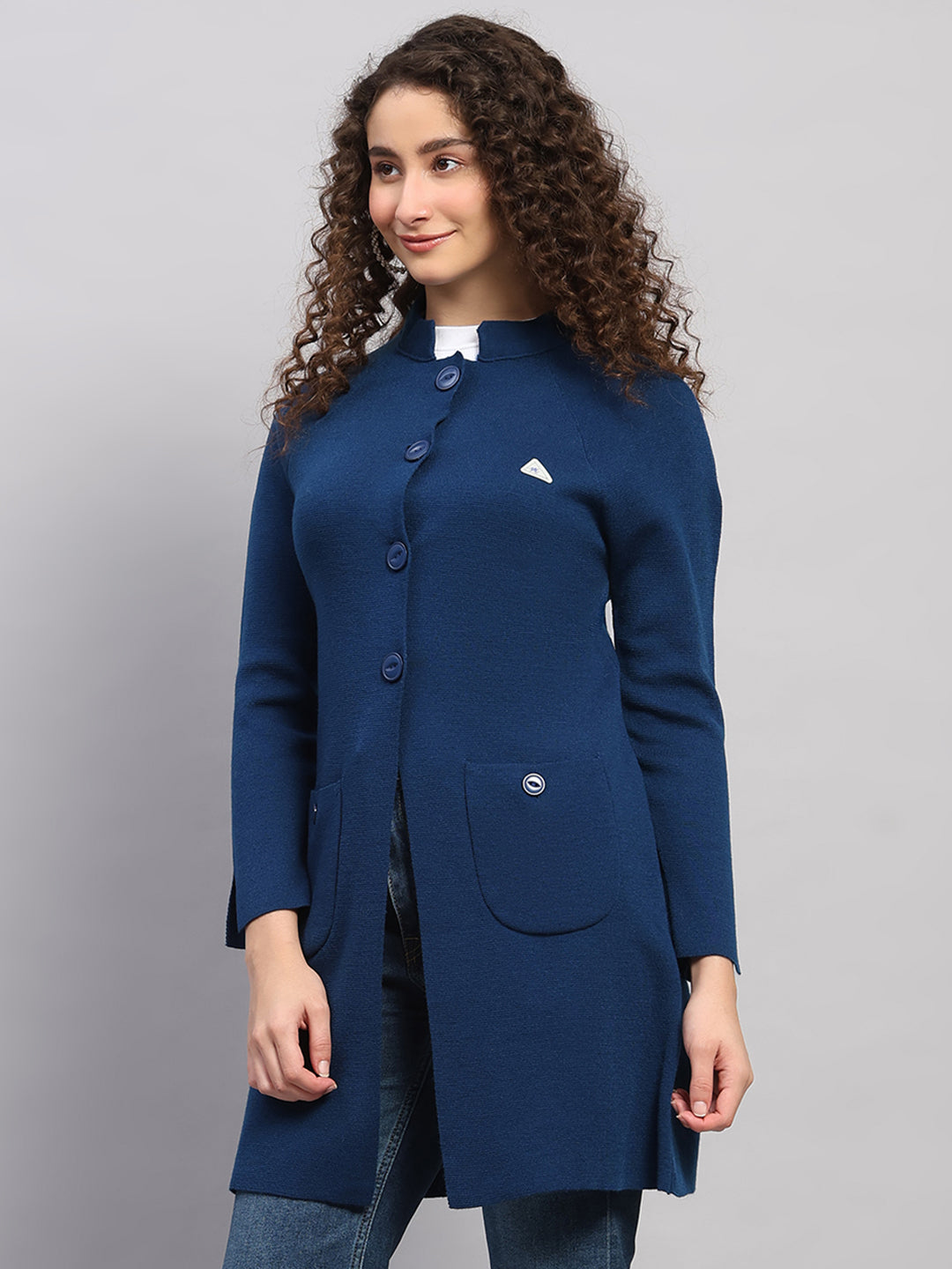Women Blue Solid Round Neck Full Sleeve Cardigan