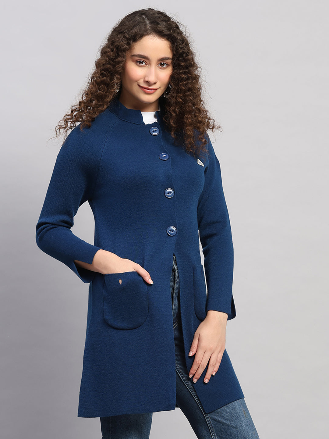 Women Blue Solid Round Neck Full Sleeve Cardigan