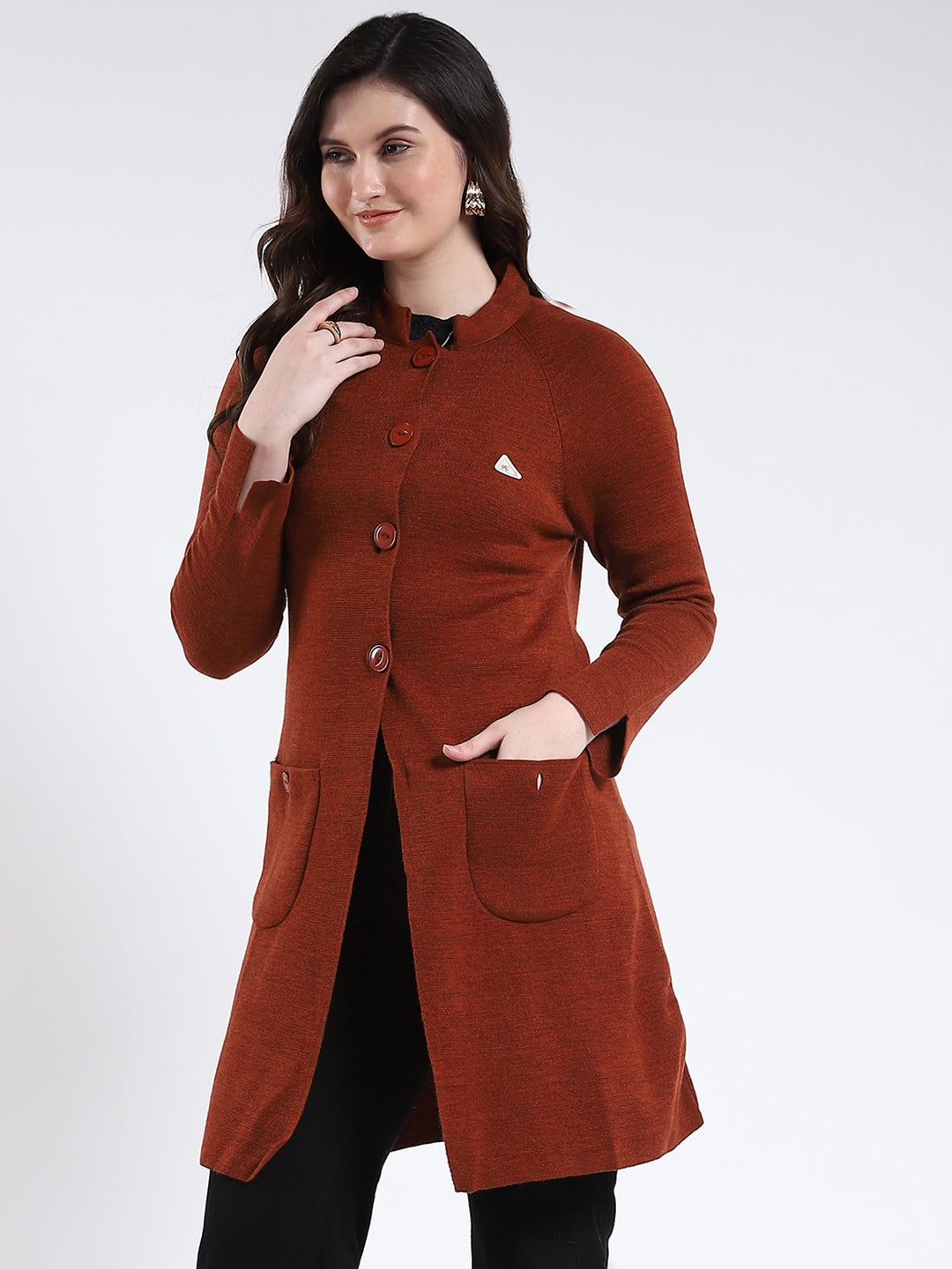 Women Rust Solid Band Neck Full Sleeve Cardigan