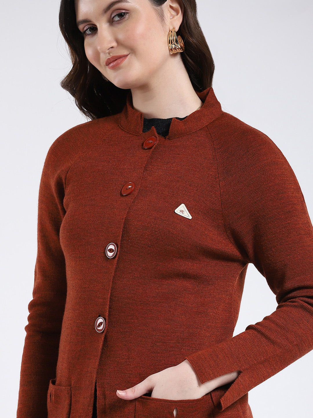 Women Rust Solid Band Neck Full Sleeve Cardigan