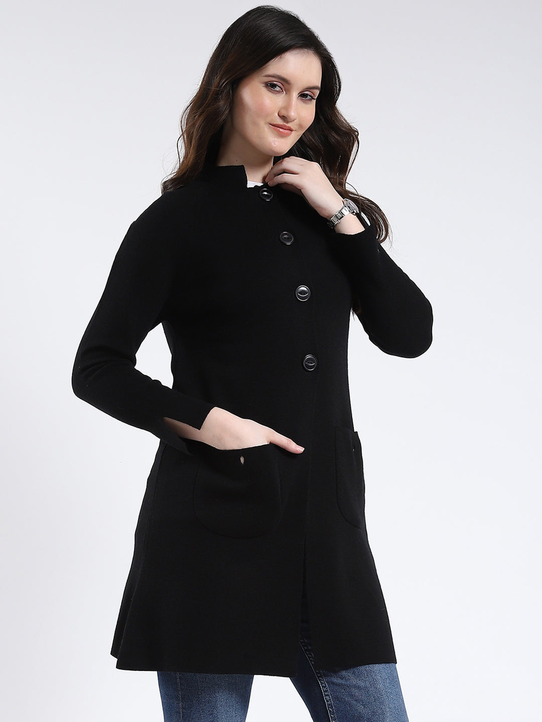 Women Black Solid Band Neck Full Sleeve Cardigan