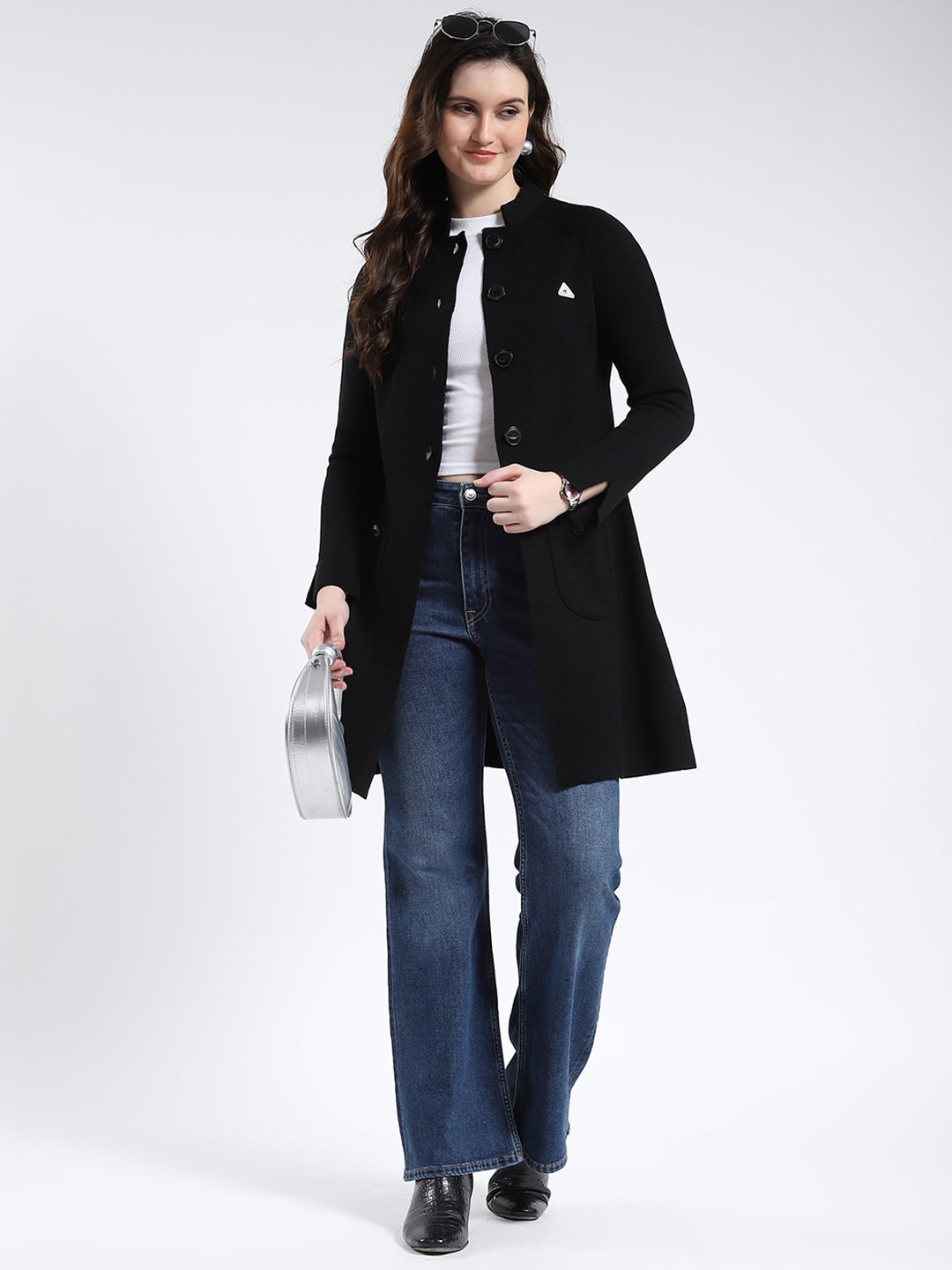 Women Black Solid Band Neck Full Sleeve Cardigan