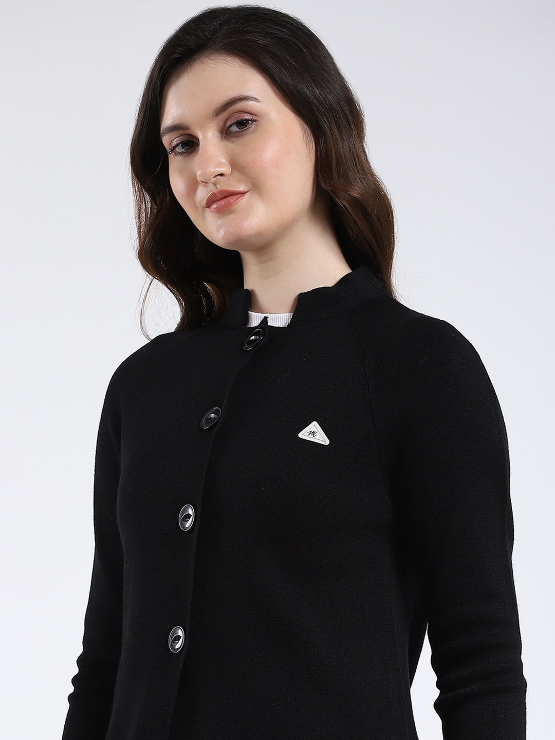 Women Black Solid Band Neck Full Sleeve Cardigan