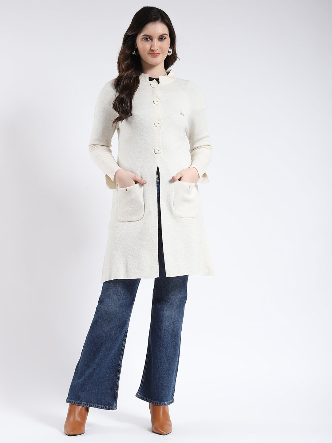 Women Cream Solid Band Neck Full Sleeve Cardigan