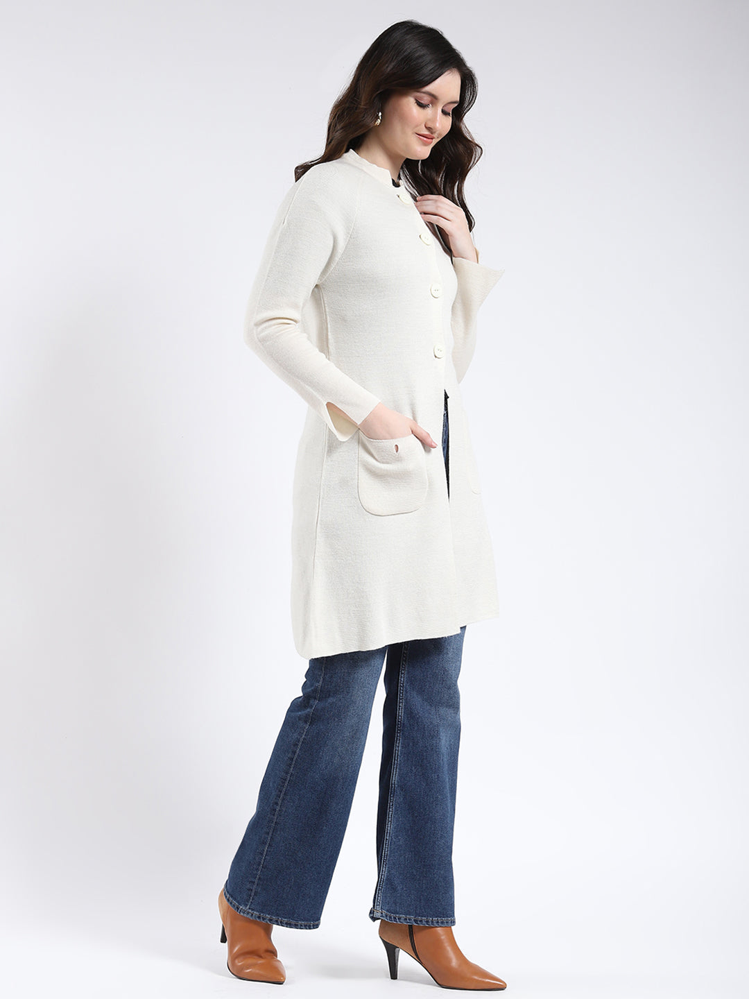 Women Cream Solid Band Neck Full Sleeve Cardigan