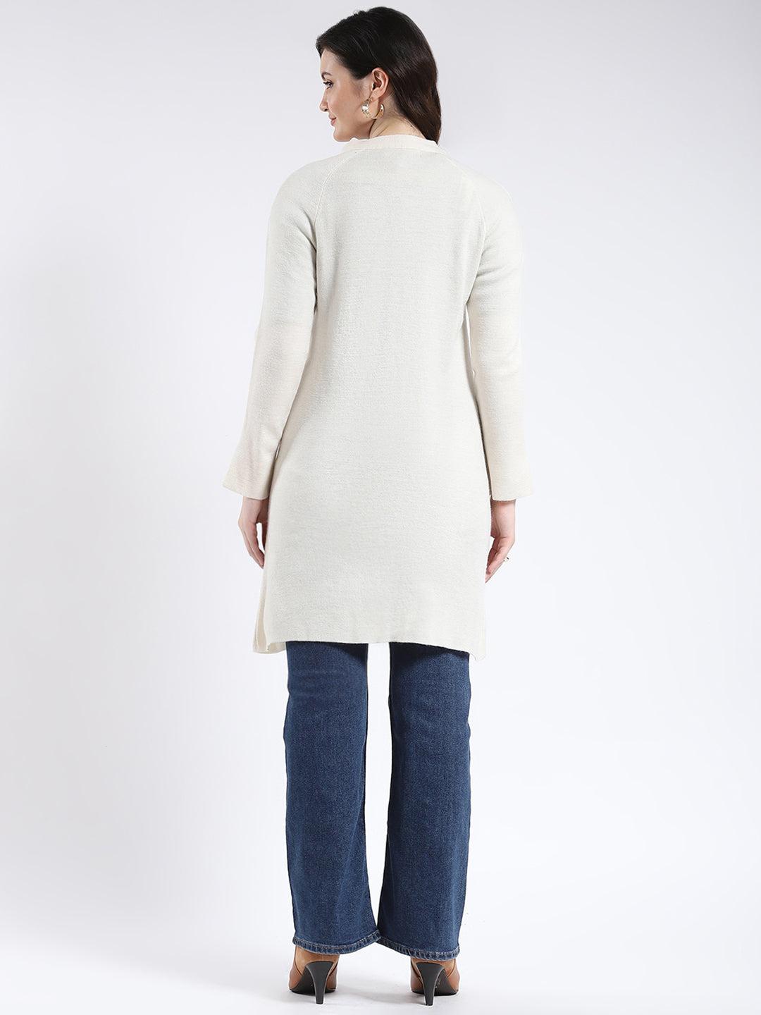 Women Cream Solid Band Neck Full Sleeve Cardigan