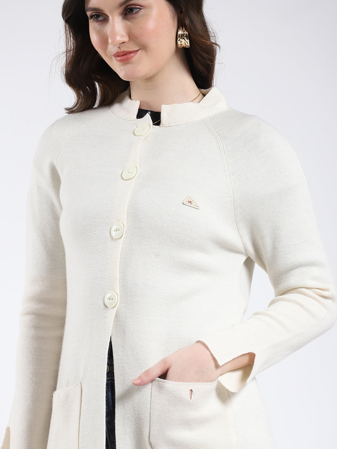Women Cream Solid Band Neck Full Sleeve Cardigan