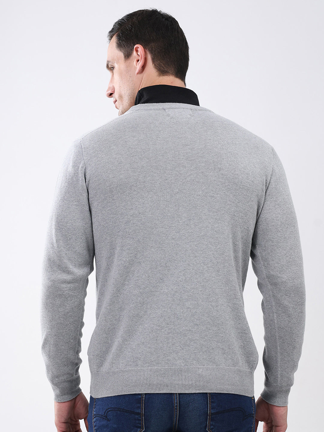 Men Grey Solid V Neck Full Sleeve Pullover