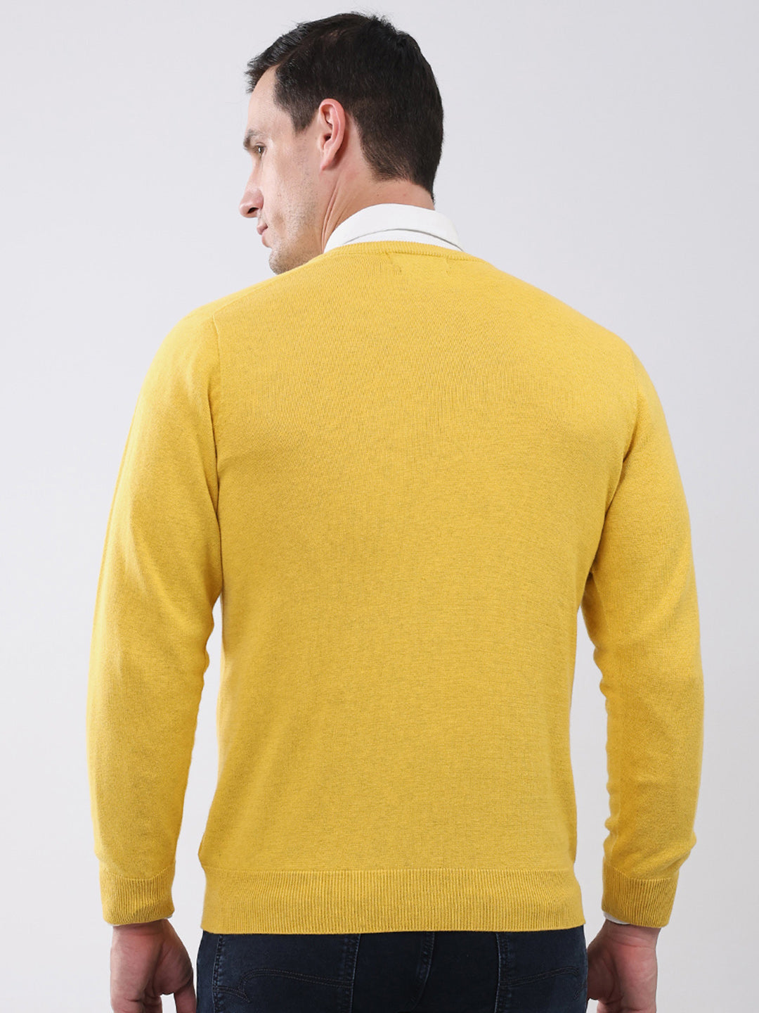 Men Yellow Solid V Neck Full Sleeve Pullover