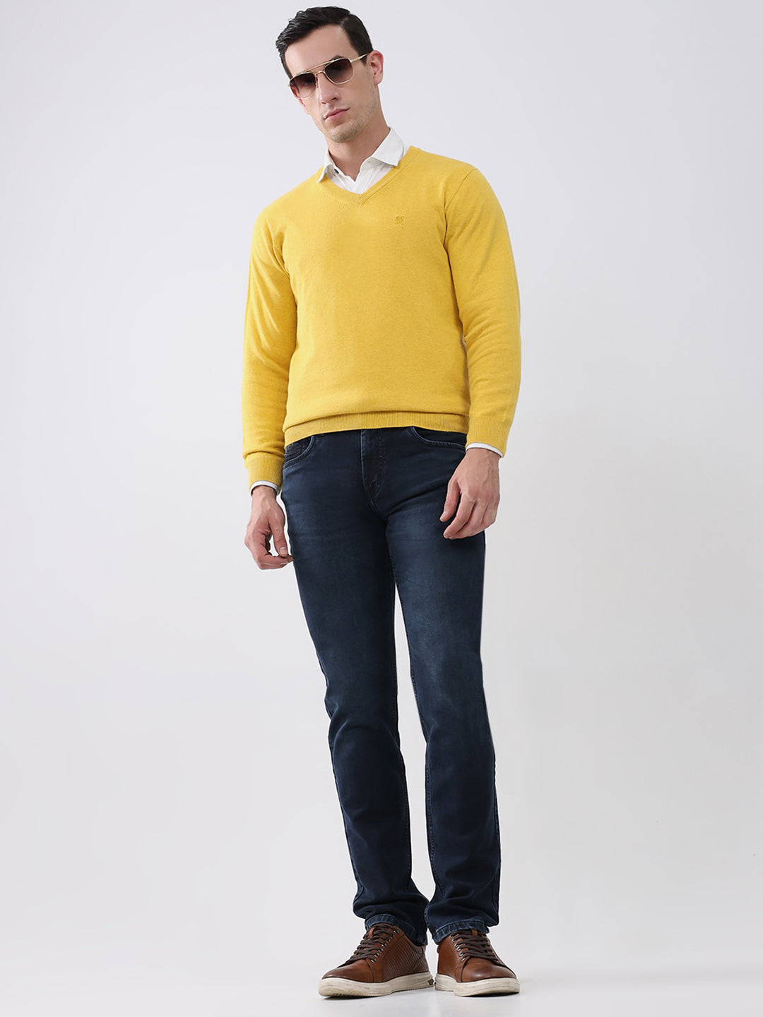 Men Yellow Solid V Neck Full Sleeve Pullover