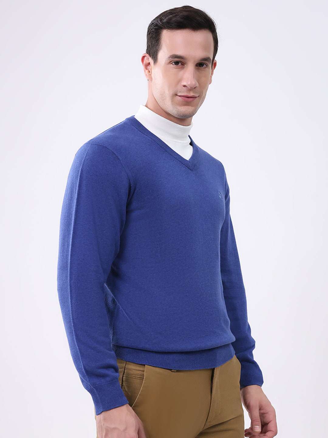 Men Blue Solid V Neck Full Sleeve Pullover