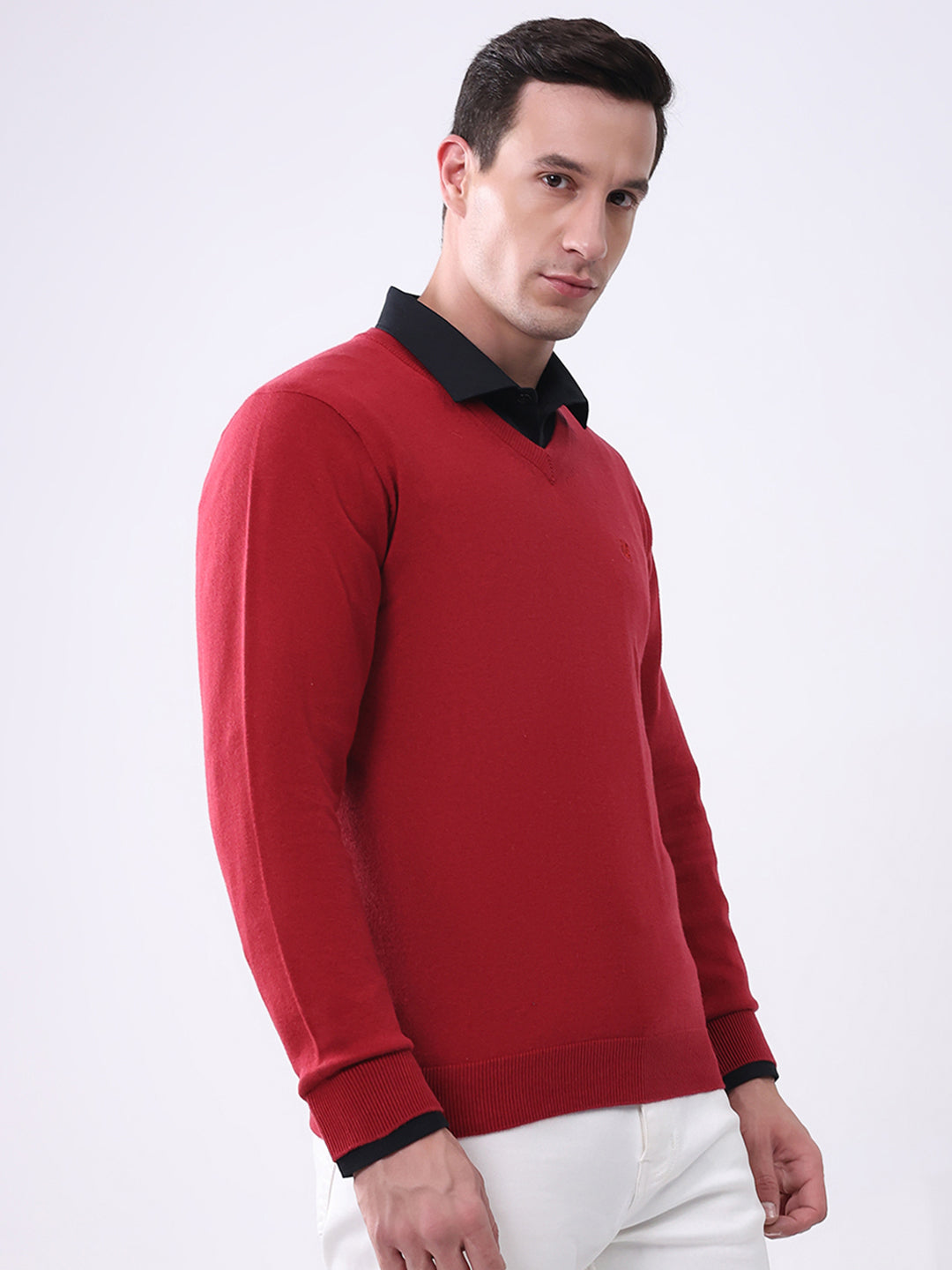 Men Maroon Solid V Neck Full Sleeve Pullover