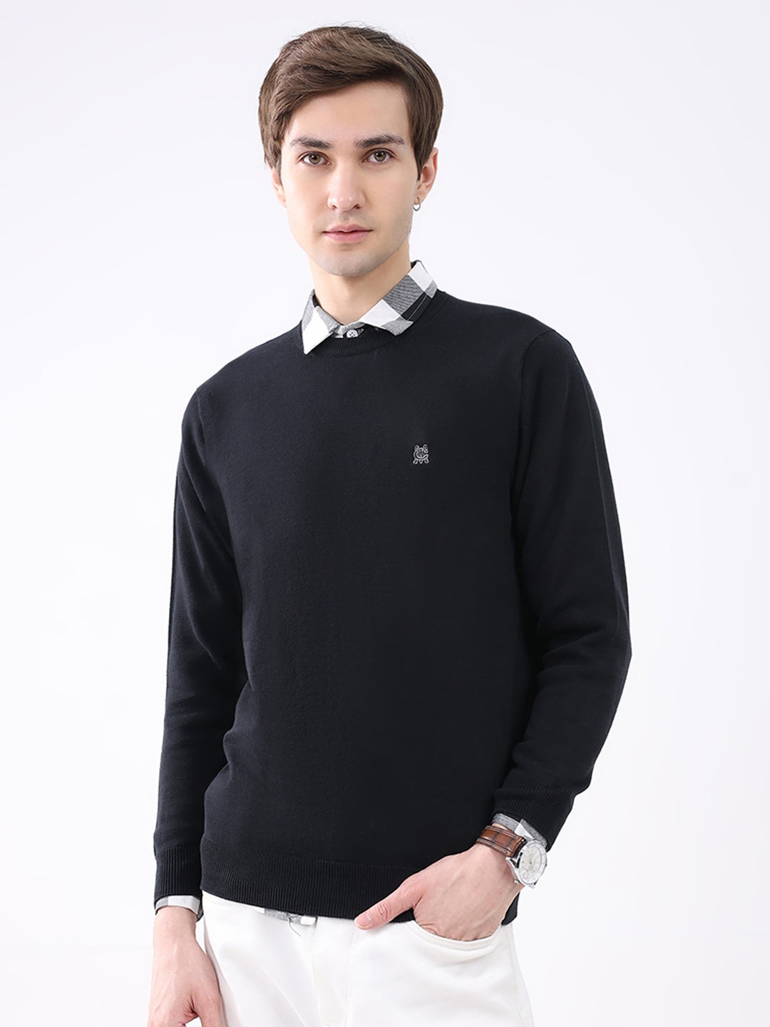 Men Black Solid Round Neck Full Sleeve Pullover
