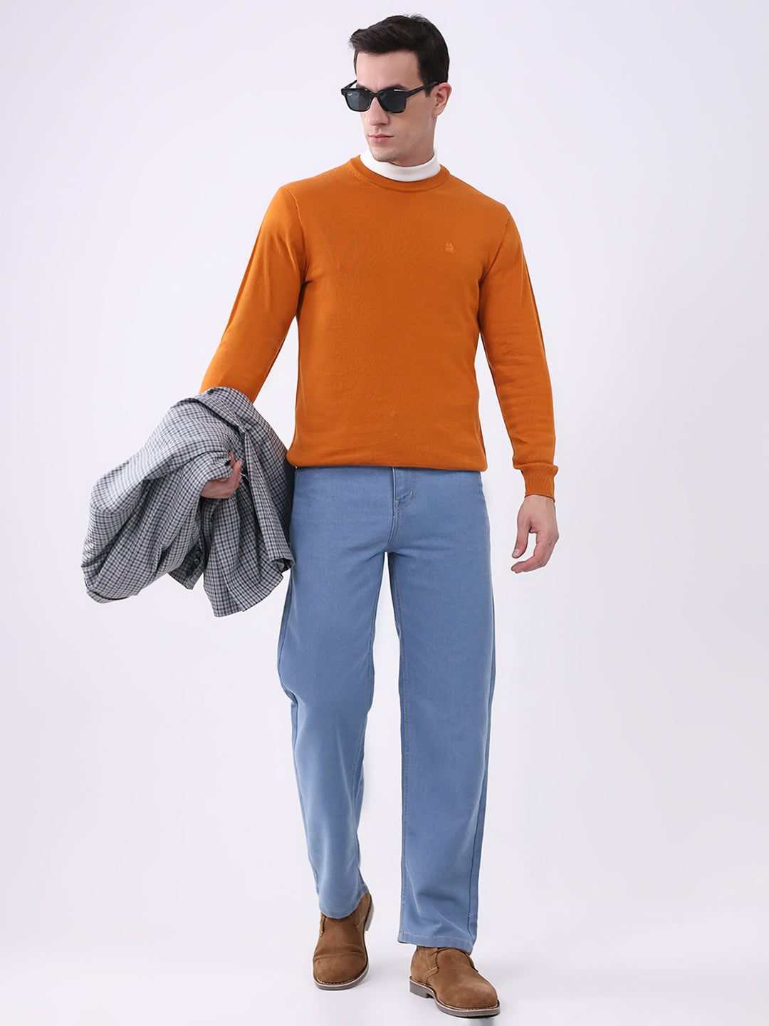 Men Mustard Solid Round Neck Full Sleeve Pullover
