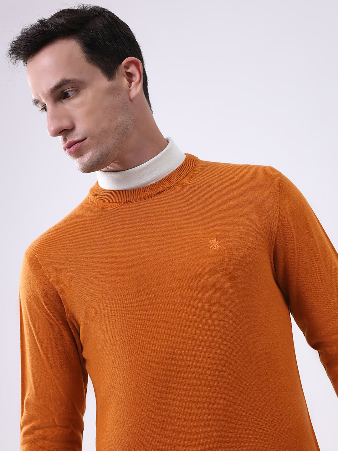 Men Mustard Solid Round Neck Full Sleeve Pullover