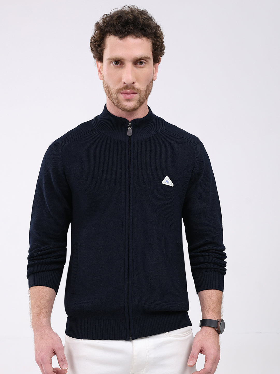 Men Navy Blue Solid Mock Neck Full Sleeve Pullover