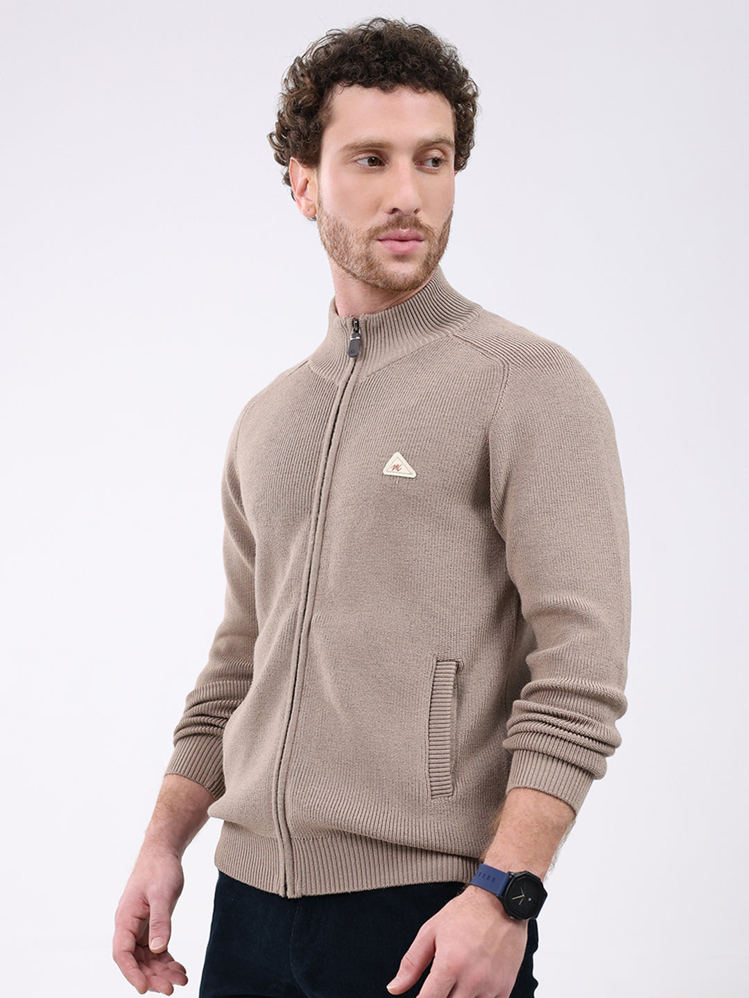 Men Brown Solid Mock Neck Full Sleeve Pullover