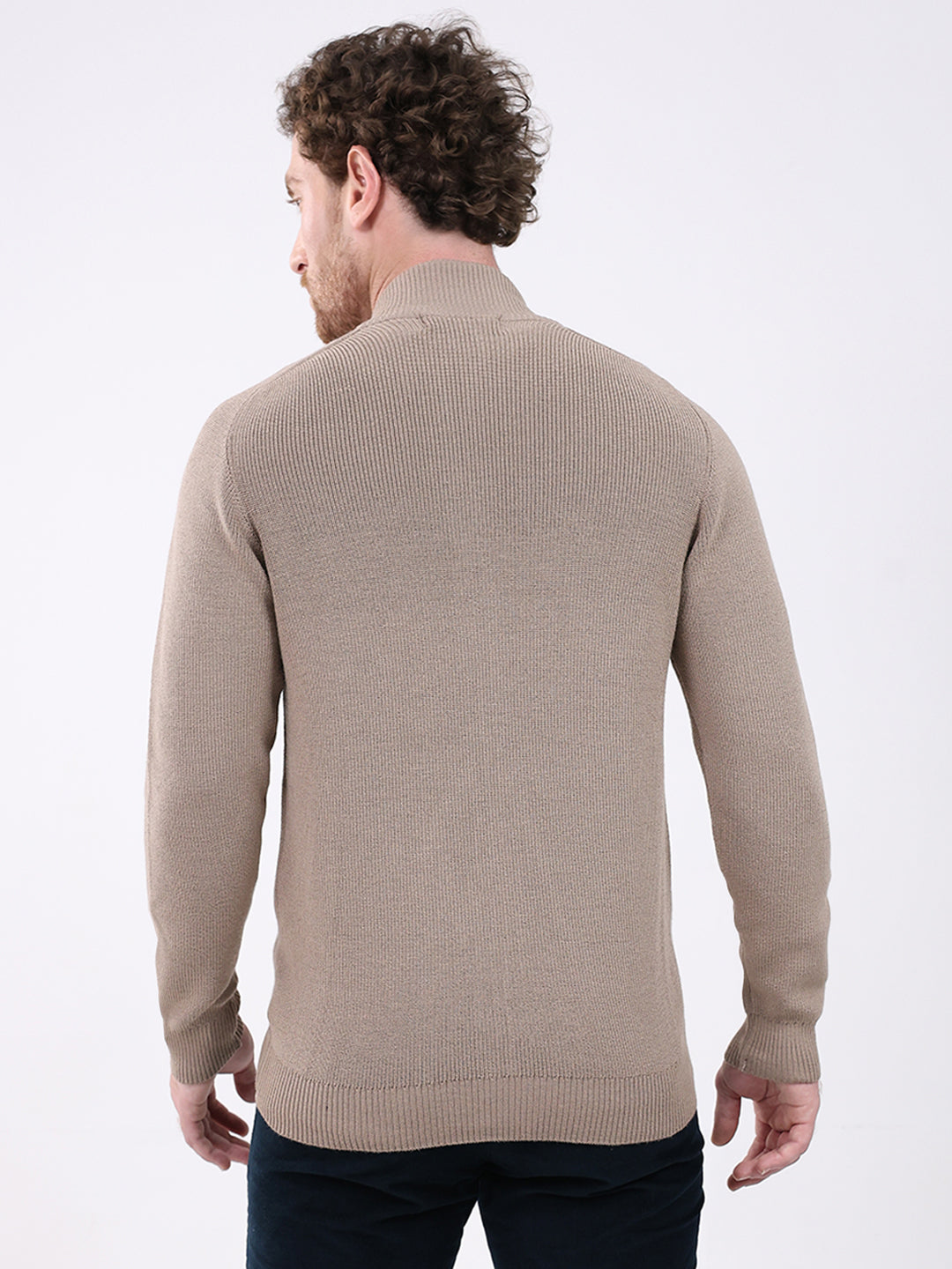 Men Brown Solid Mock Neck Full Sleeve Pullover