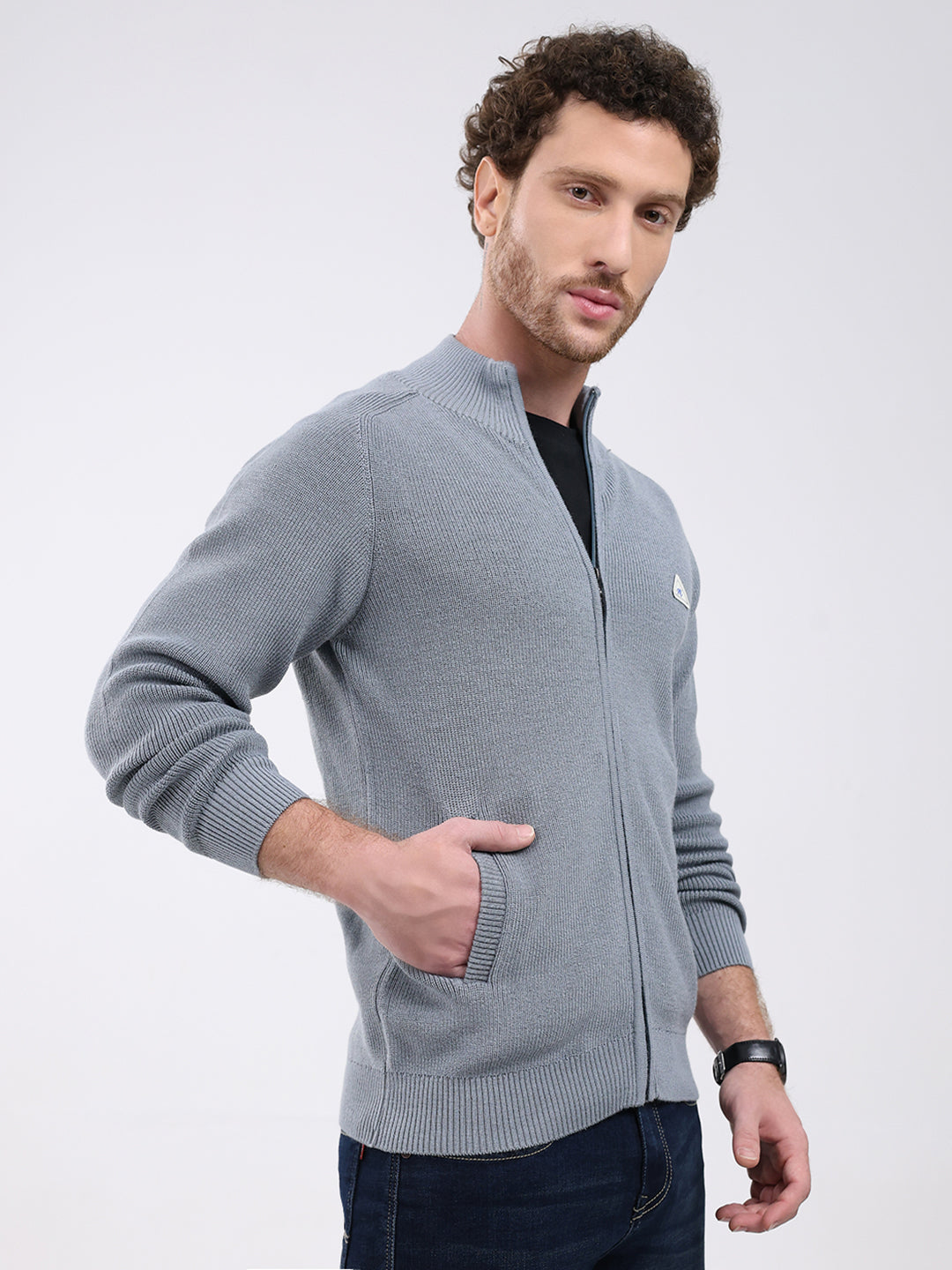 Men Grey Solid Mock Neck Full Sleeve Pullover