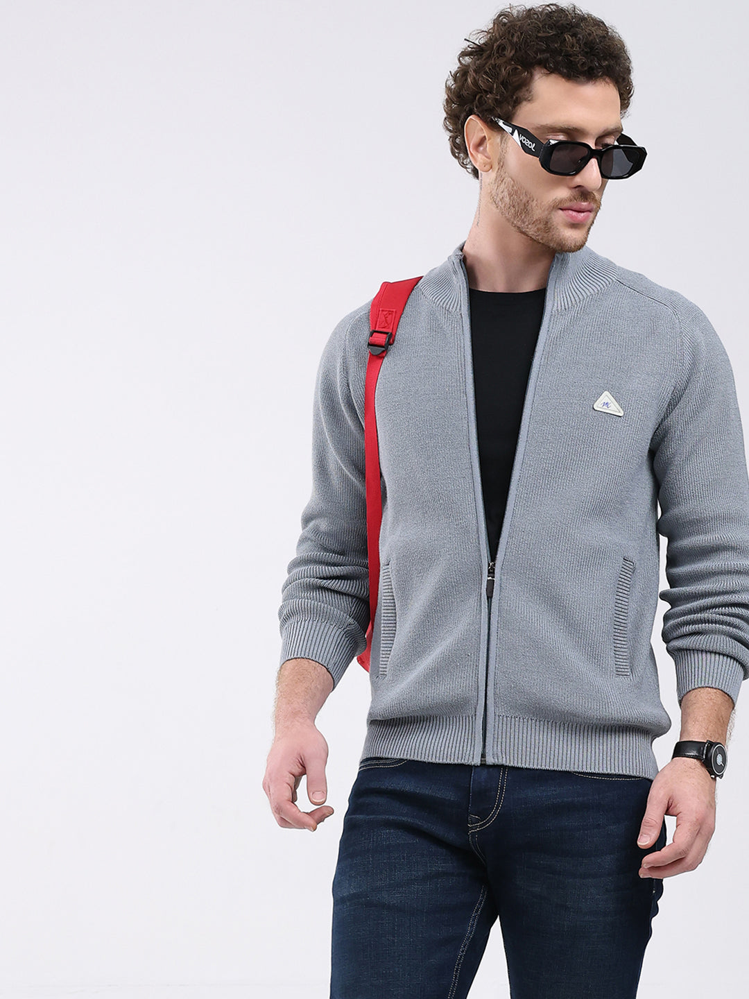 Men Grey Solid Mock Neck Full Sleeve Pullover