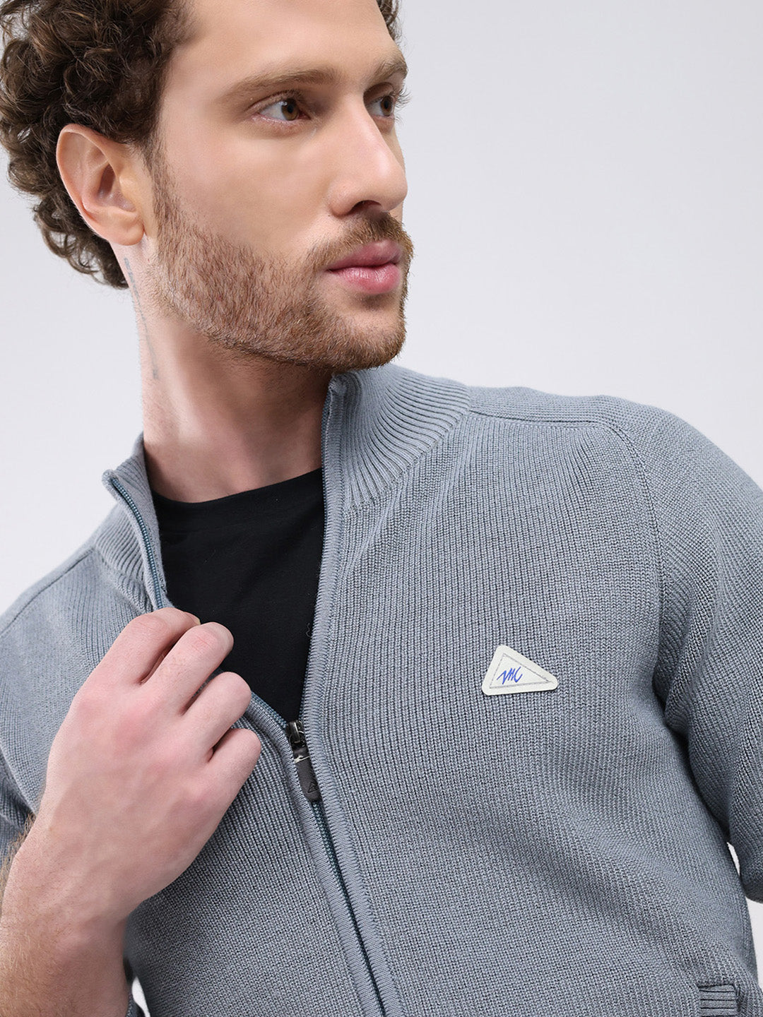 Men Grey Solid Mock Neck Full Sleeve Pullover