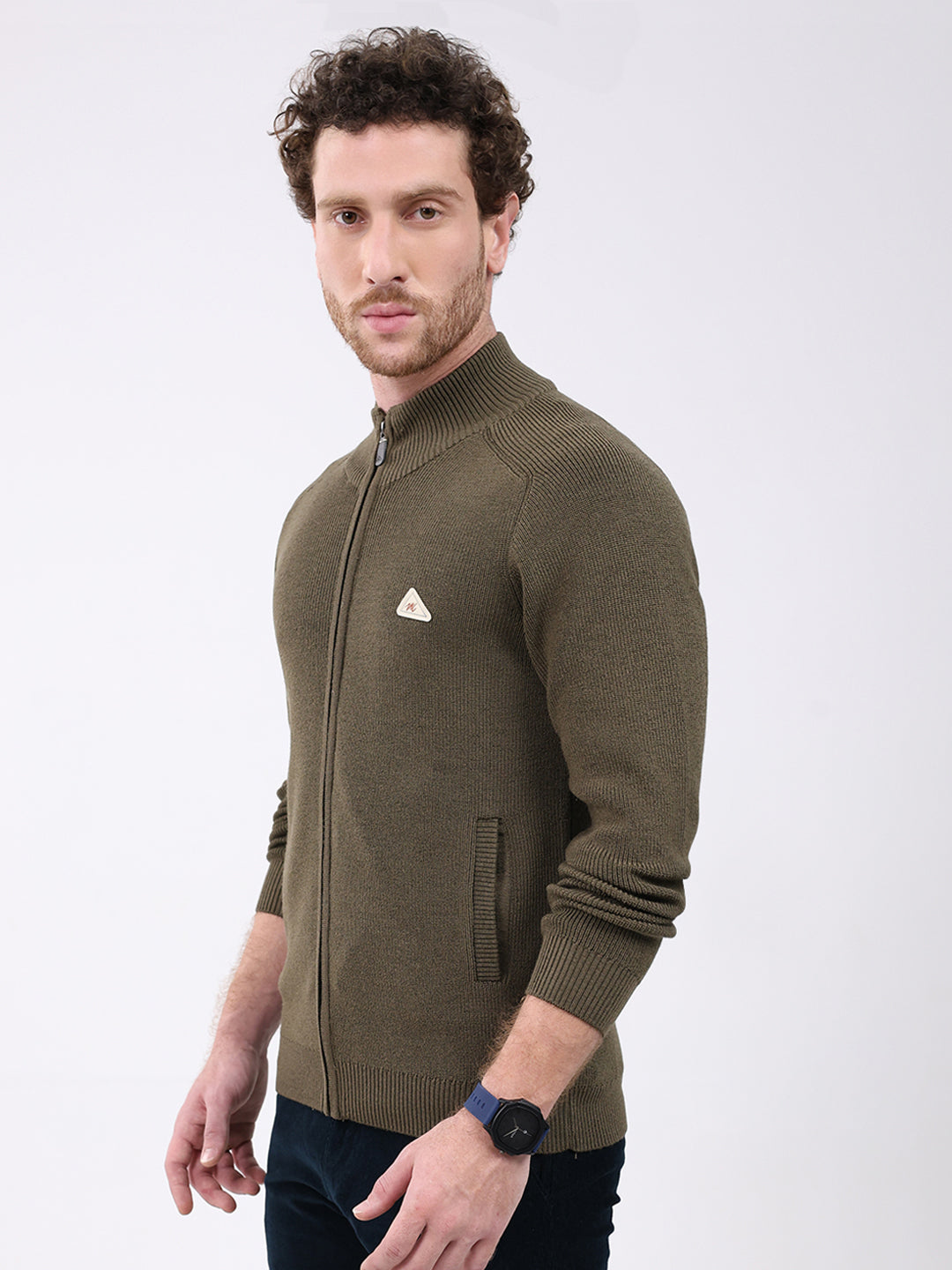 Men Green Solid Mock Neck Full Sleeve Pullover