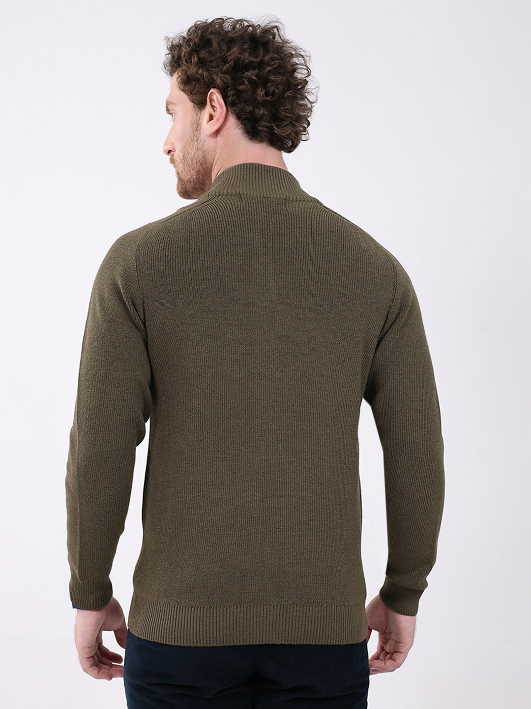 Men Green Solid Mock Neck Full Sleeve Pullover