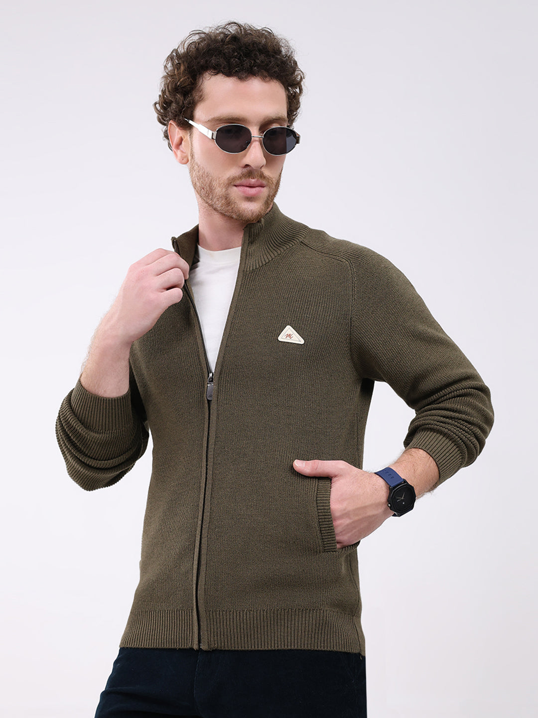 Men Green Solid Mock Neck Full Sleeve Pullover