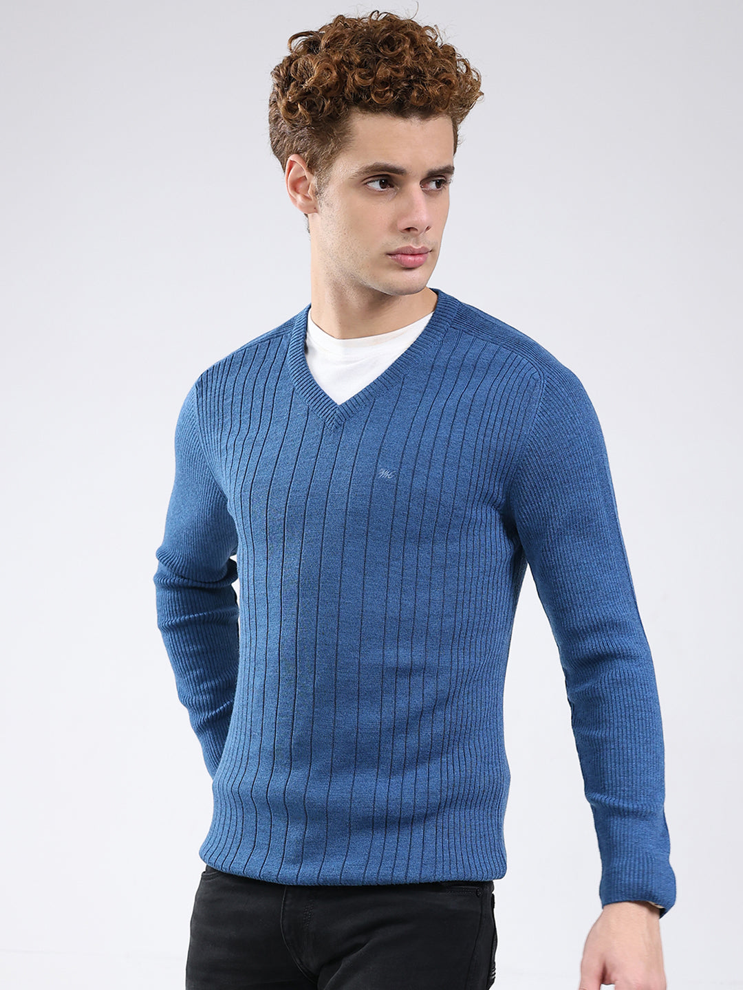 Men Blue Solid V Neck Full Sleeve Pullover