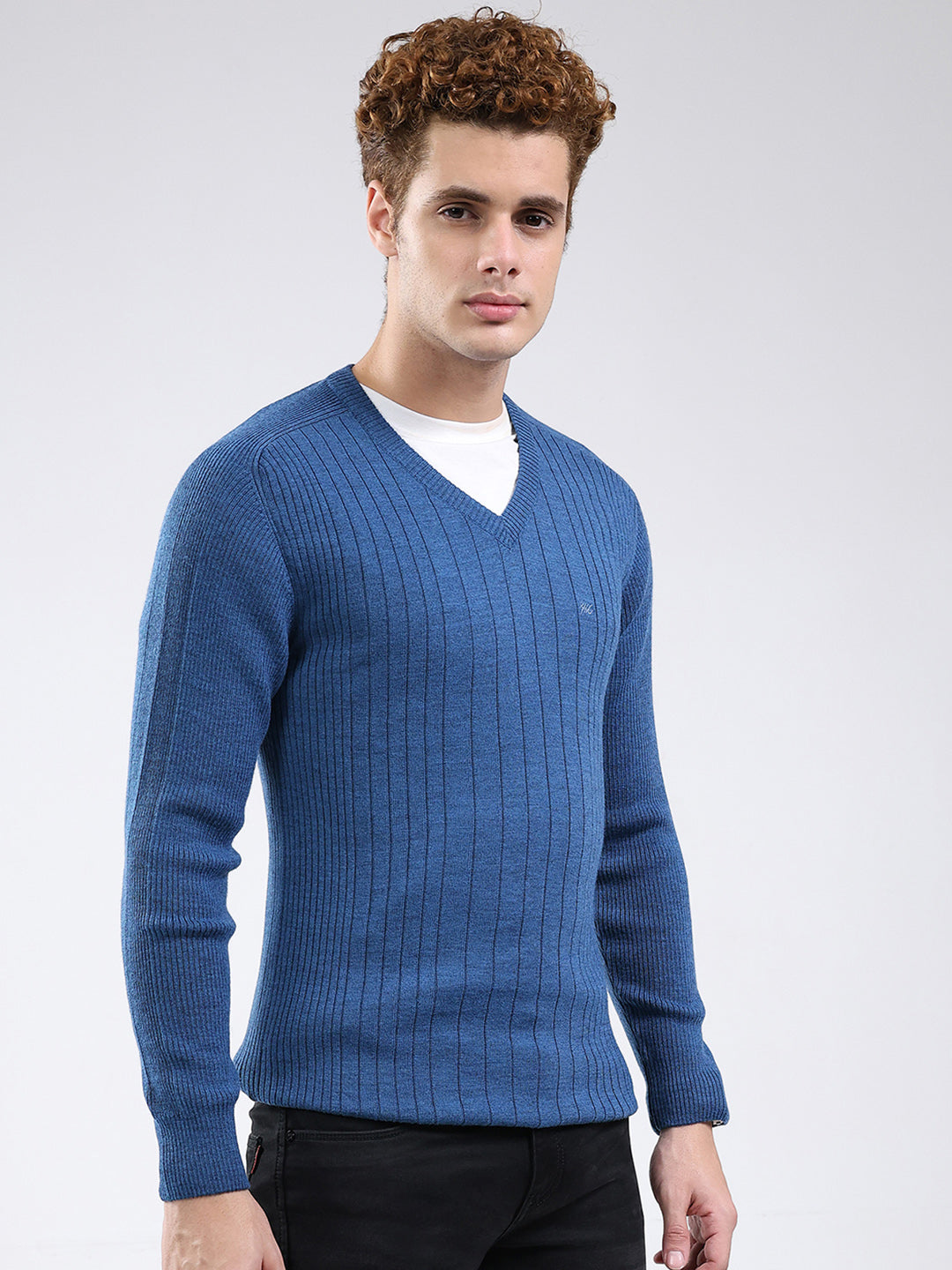 Men Blue Solid V Neck Full Sleeve Pullover