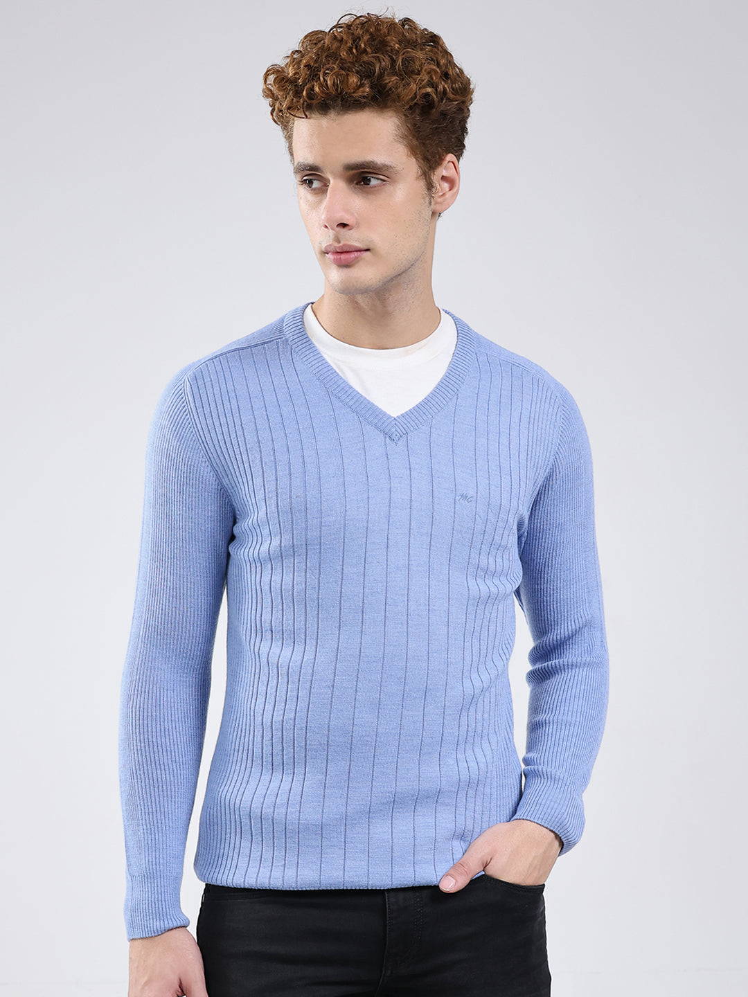 Men Blue Solid V Neck Full Sleeve Pullover