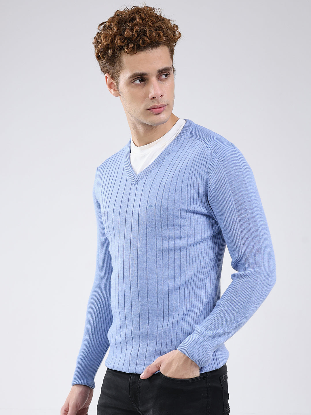 Men Blue Solid V Neck Full Sleeve Pullover