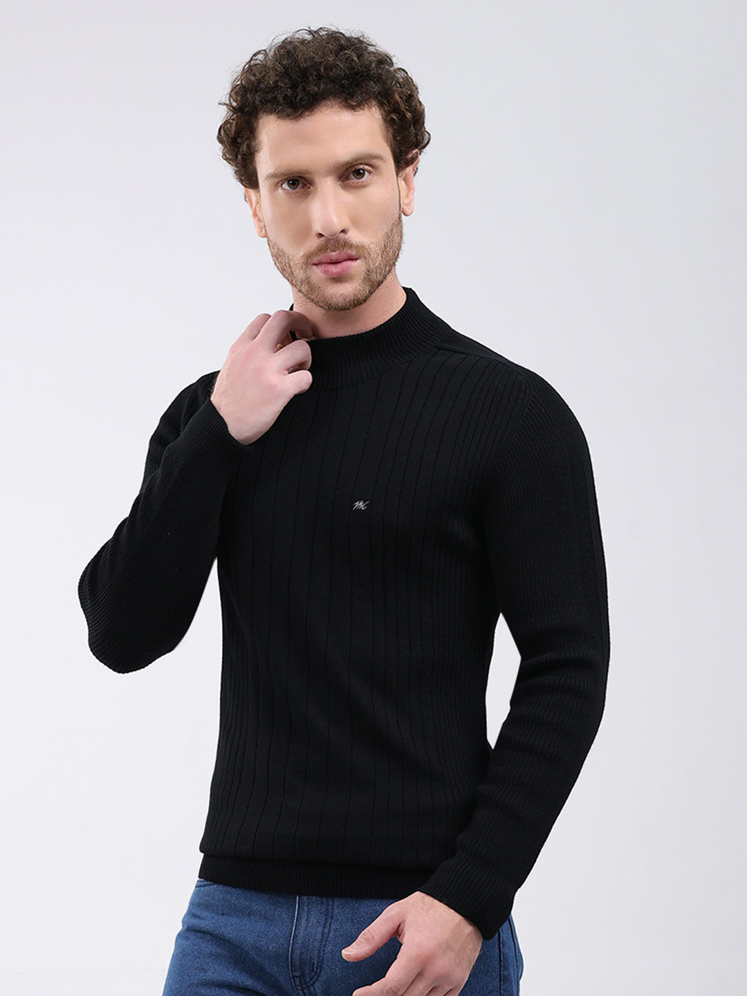Men Black Solid Mock Neck Full Sleeve Pullover