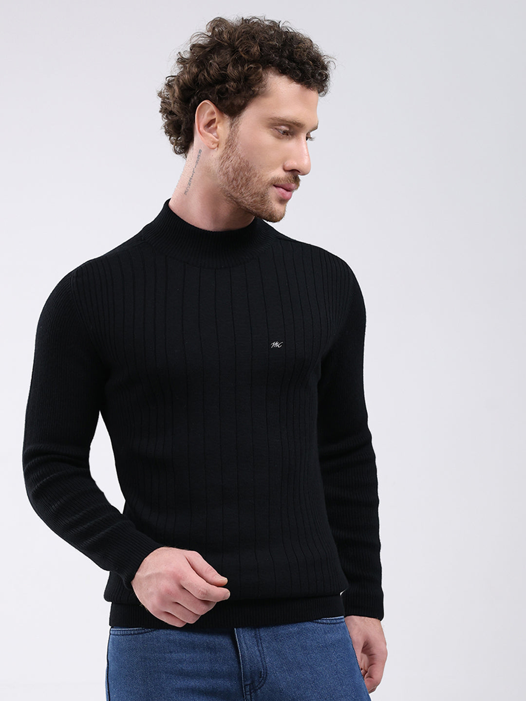 Men Black Solid Mock Neck Full Sleeve Pullover