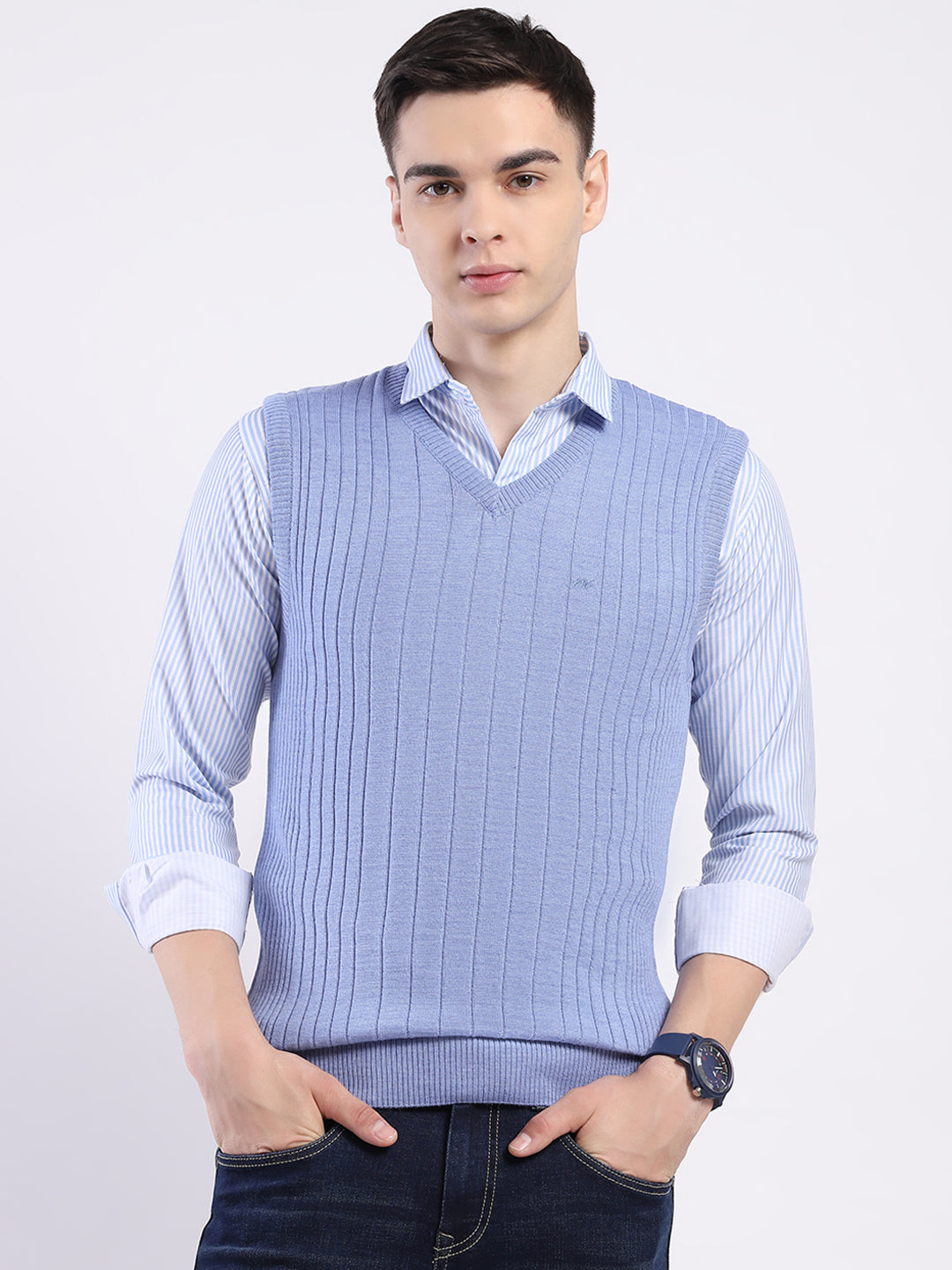Men Blue Solid V Neck Sleeveless Sweater