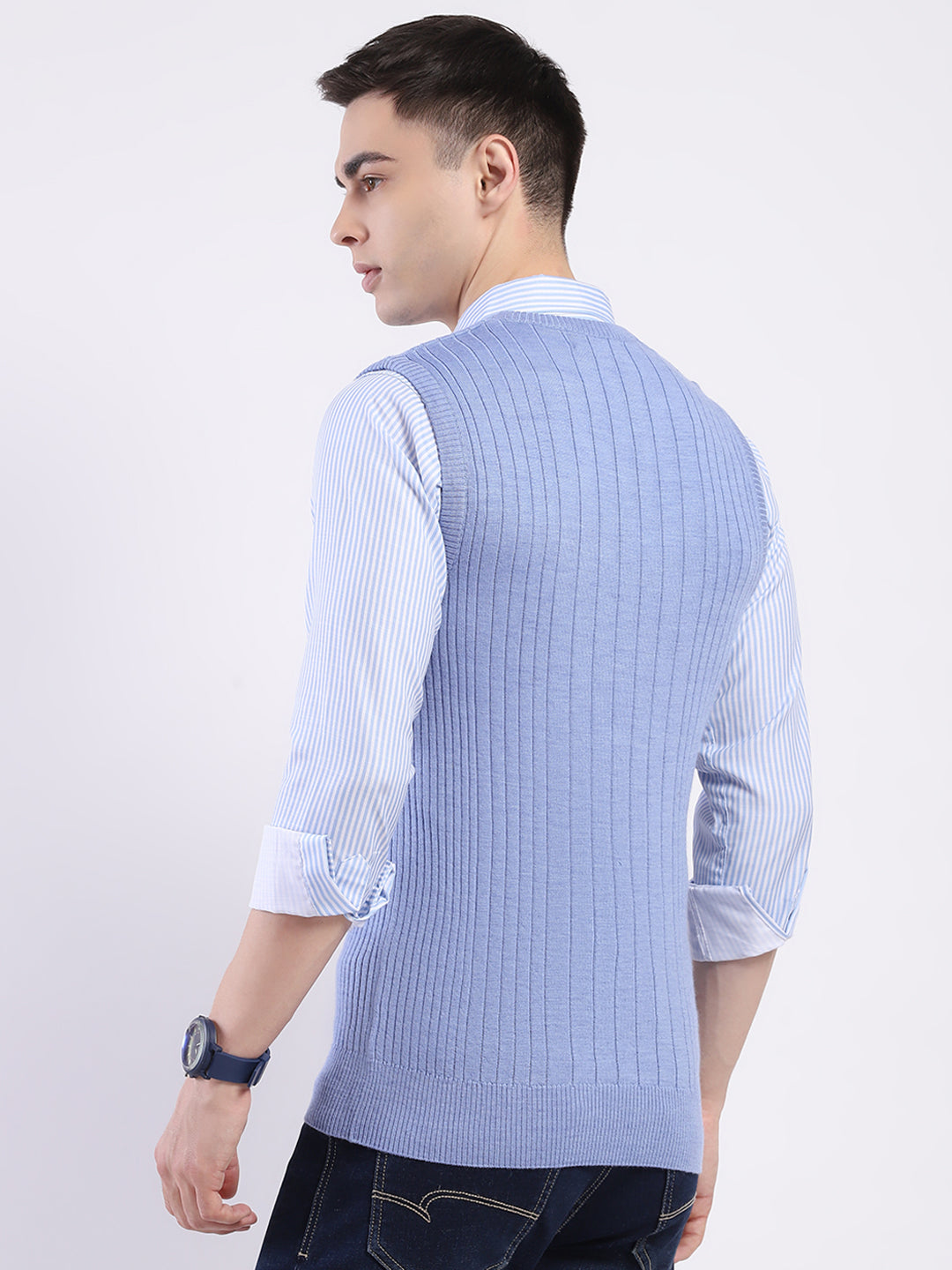 Men Blue Solid V Neck Sleeveless Sweater
