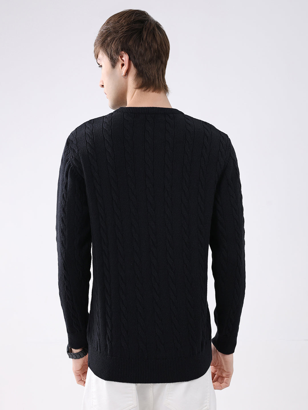 Men Black Solid Round Neck Full Sleeve Pullover