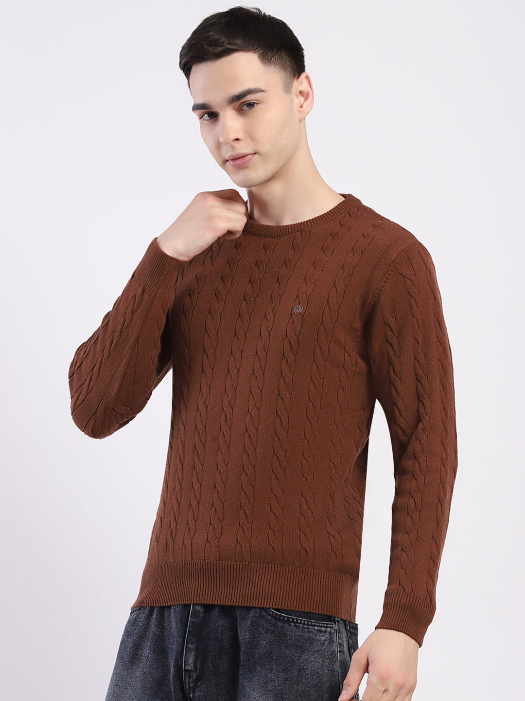 Men Brown Solid Round Neck Full Sleeve Pullover
