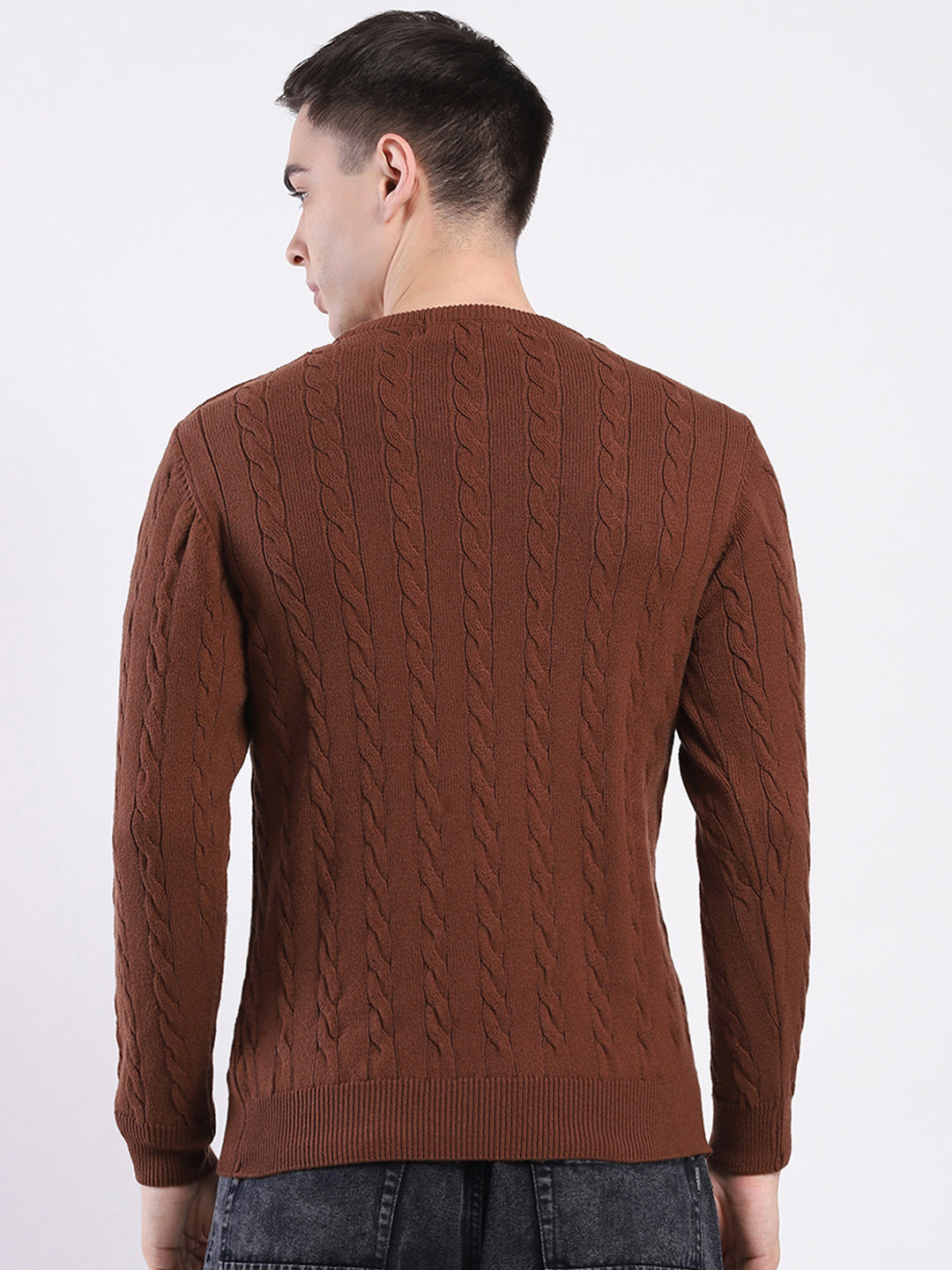 Men Brown Solid Round Neck Full Sleeve Pullover
