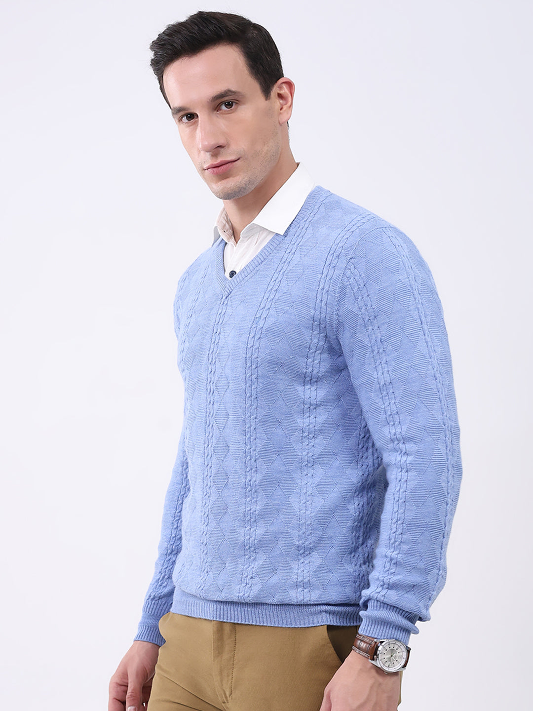 Luxuria Men Blue Self Design V Neck Full Sleeve Pullover