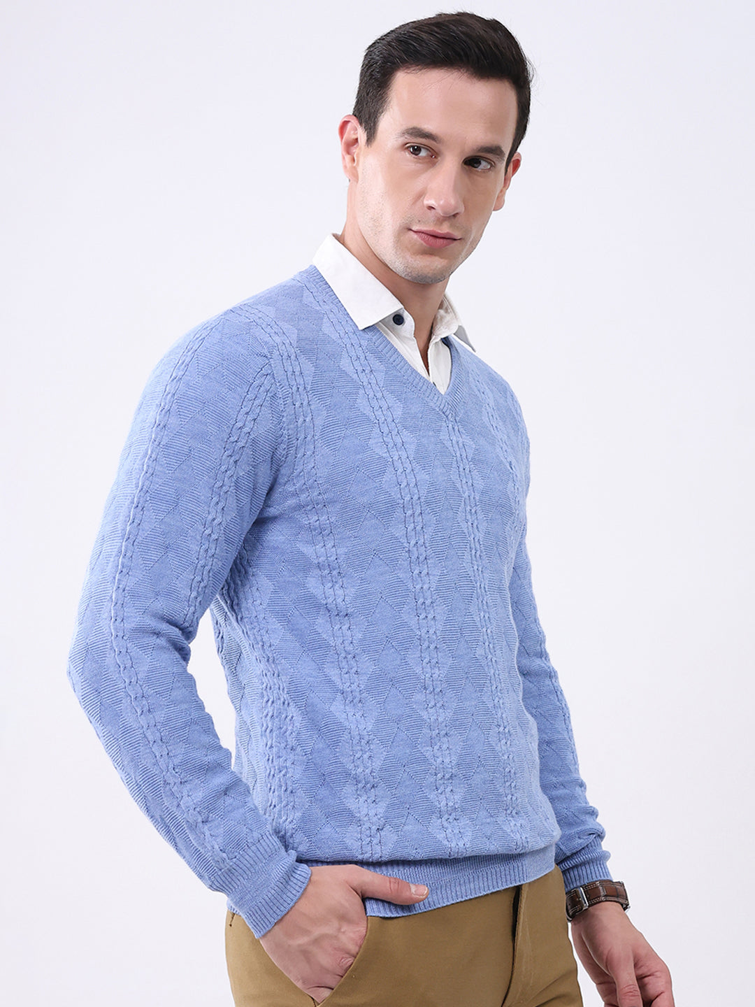 Luxuria Men Blue Self Design V Neck Full Sleeve Pullover