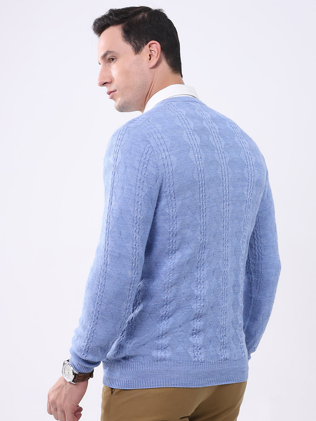 Luxuria Men Blue Self Design V Neck Full Sleeve Pullover