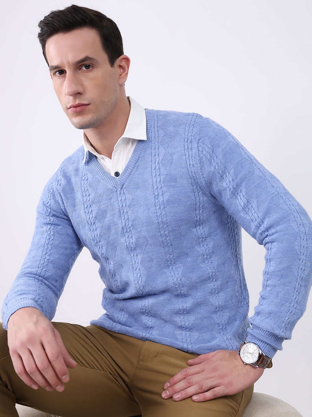 Luxuria Men Blue Self Design V Neck Full Sleeve Pullover