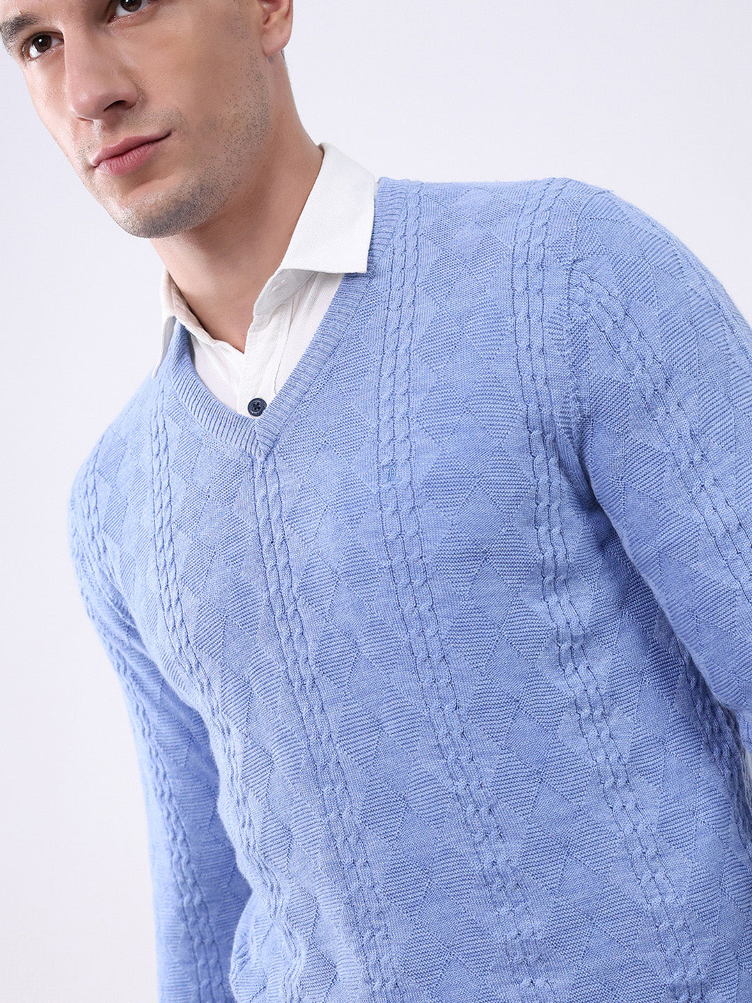Luxuria Men Blue Self Design V Neck Full Sleeve Pullover