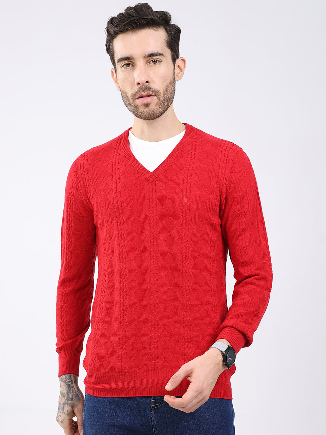 Luxuria Men Red Self Design V Neck Full Sleeve Pullover