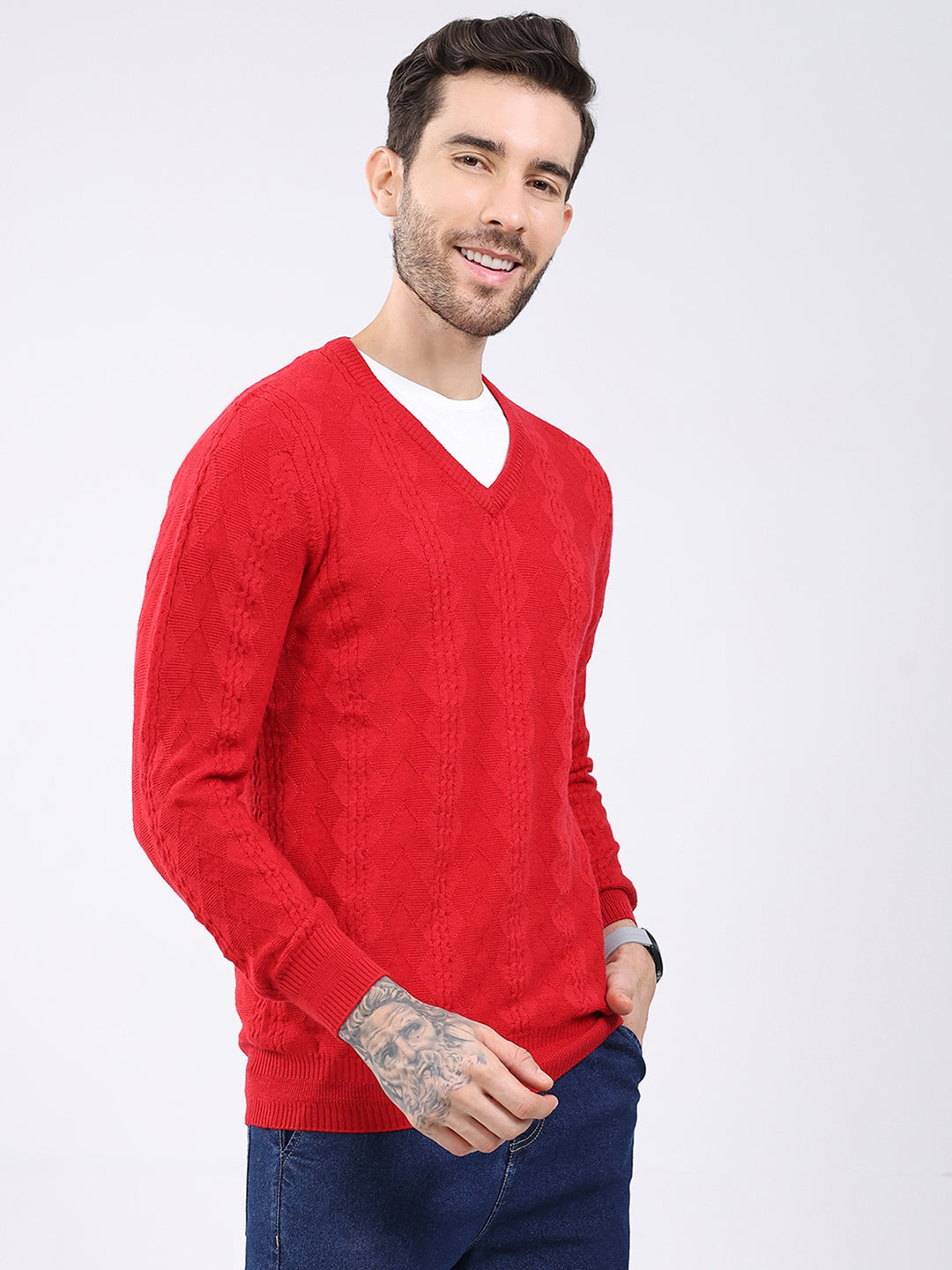 Luxuria Men Red Self Design V Neck Full Sleeve Pullover