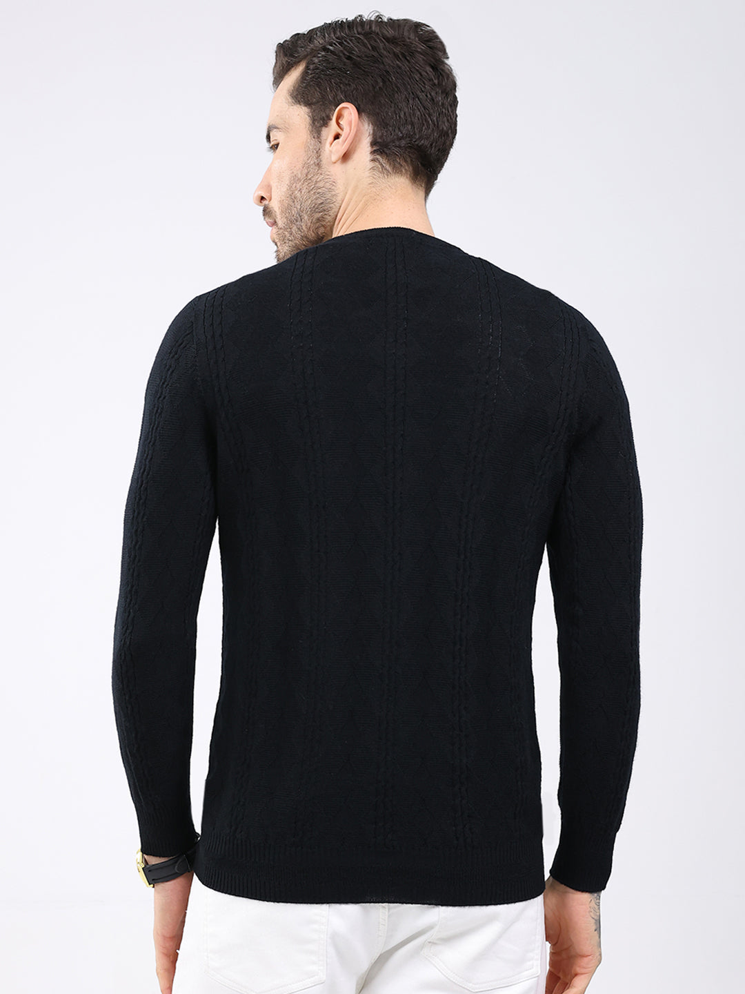 Luxuria Men Black Self Design V Neck Full Sleeve Pullover