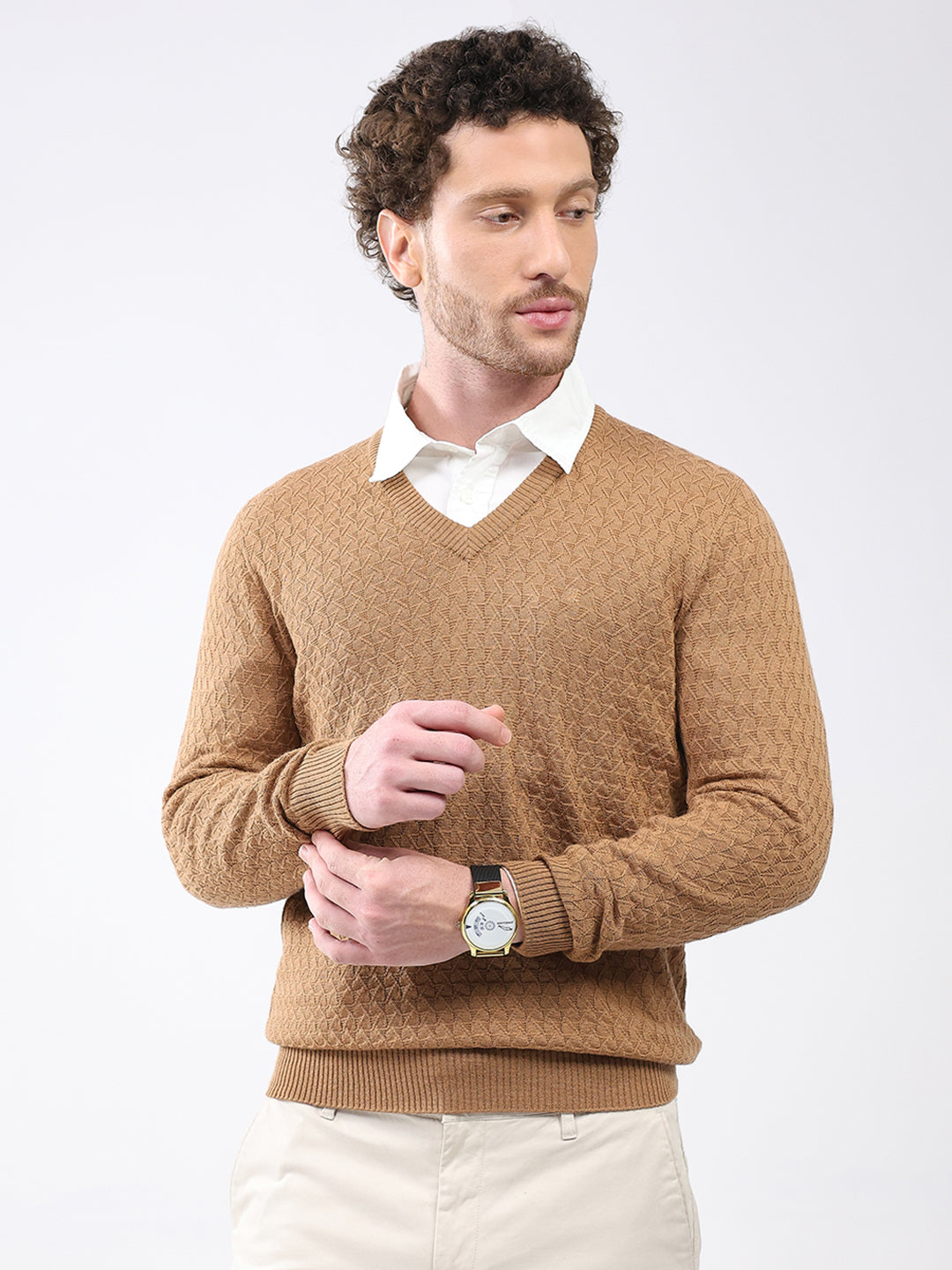 Luxuria Men Khaki Self Design V Neck Full Sleeve Pullover