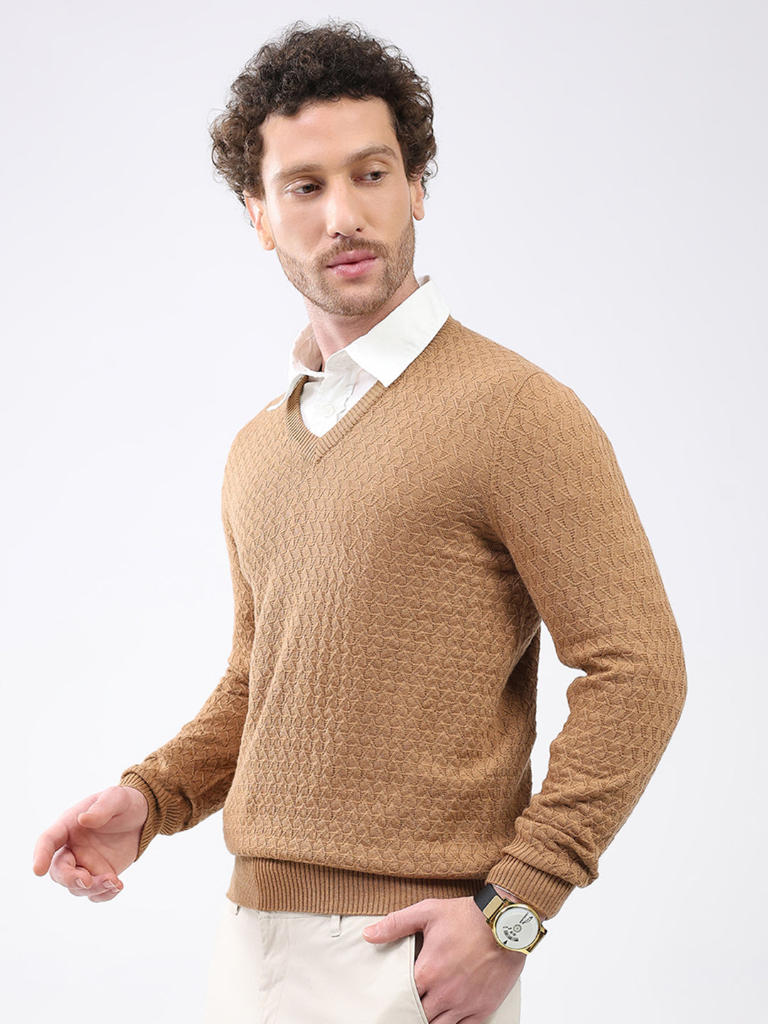 Luxuria Men Khaki Self Design V Neck Full Sleeve Pullover