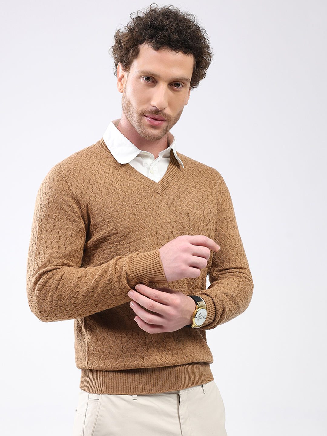 Luxuria Men Khaki Self Design V Neck Full Sleeve Pullover